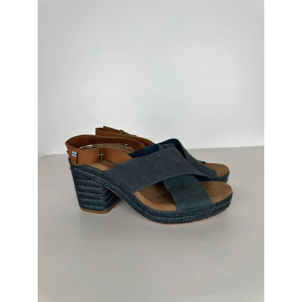 Toms Ibiza Espadrille Platform Wedge Sandals Sz 7.5 Majolica Blue Platform Heel